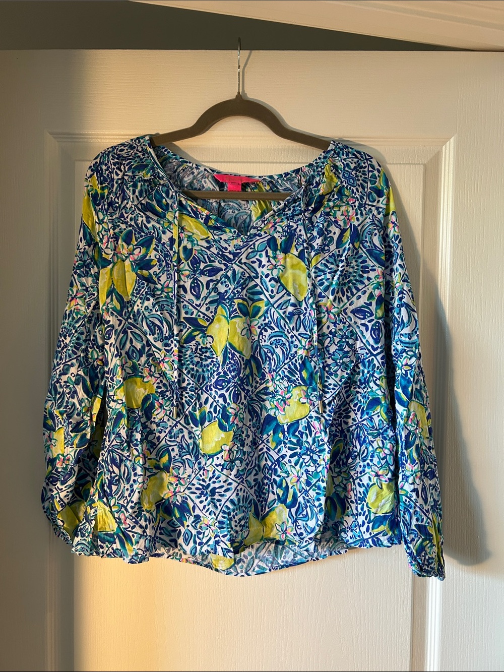 Lilly Pulitzer Blue & Yellow Floral Tile Print Long Sleeve Top